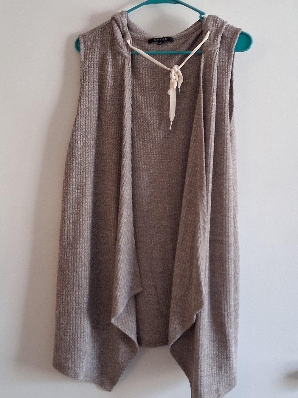 Cyrus Taupe Ribbed Sleeveless Hooded Open-Front Vest